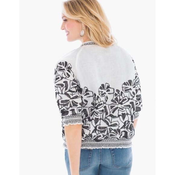 CHICO'S SMOCKED ZIP JACKET LINEN EMBROIDERED SIZE 1 PETITE - Picture 2 of 6